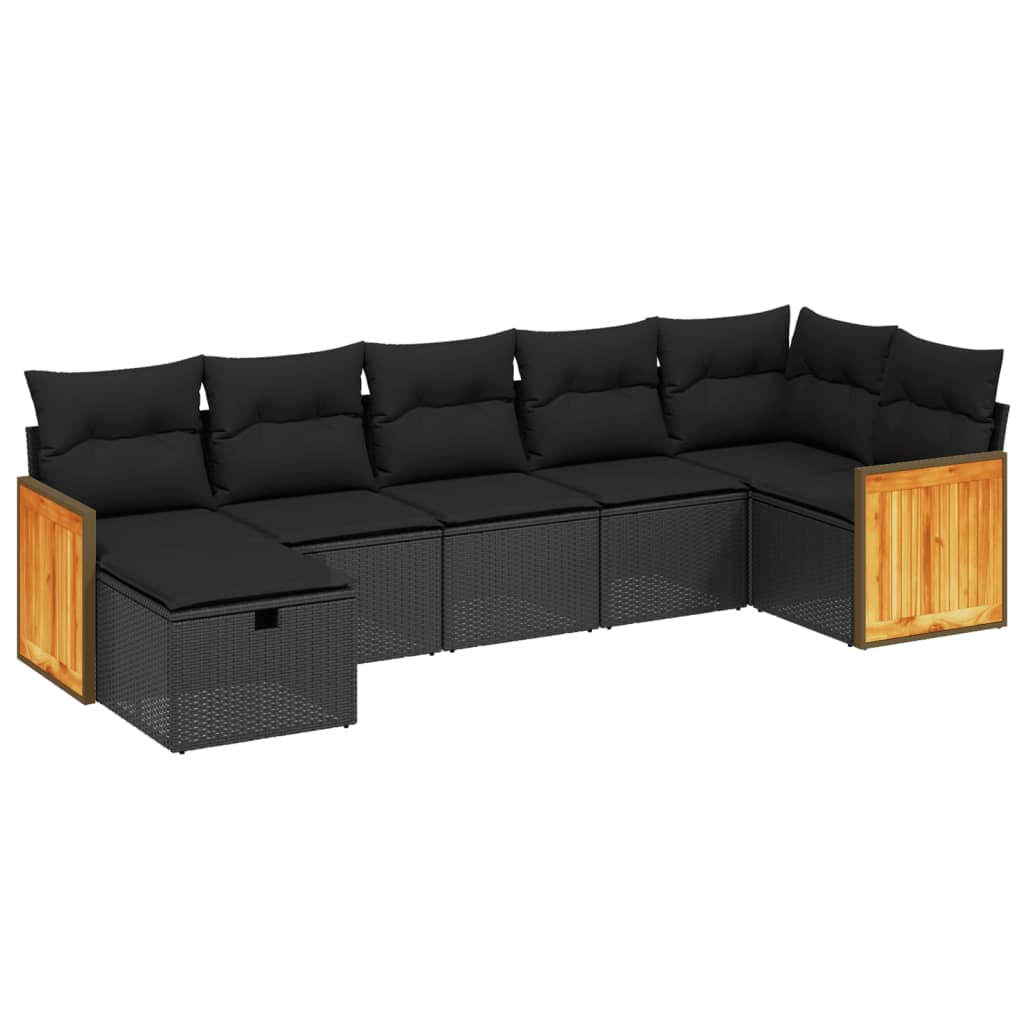 7-tlg. Garten-Sofagarnitur mit Kissen Schwarz Poly Rattan