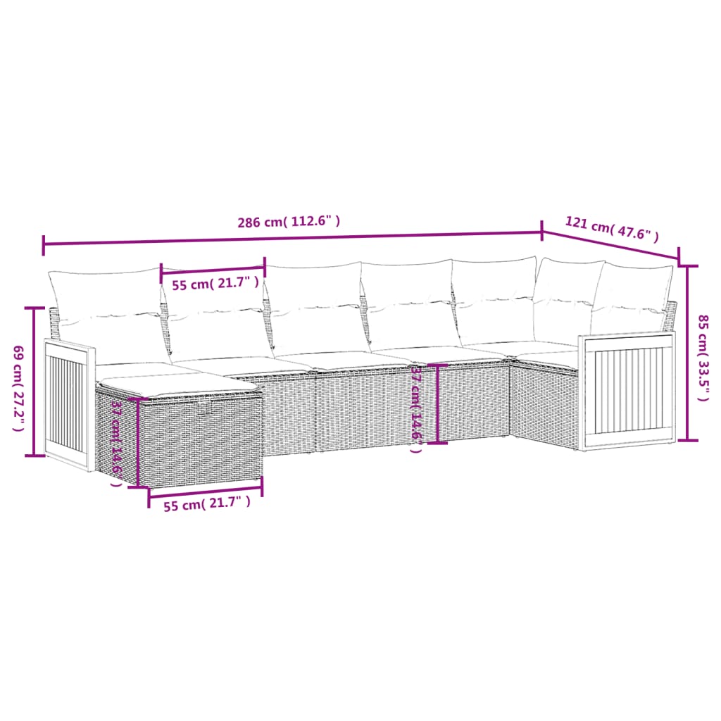 7-tlg. Garten-Sofagarnitur mit Kissen Schwarz Poly Rattan