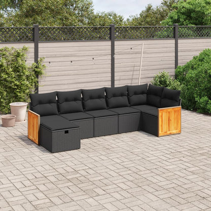 7-tlg. Garten-Sofagarnitur mit Kissen Schwarz Poly Rattan