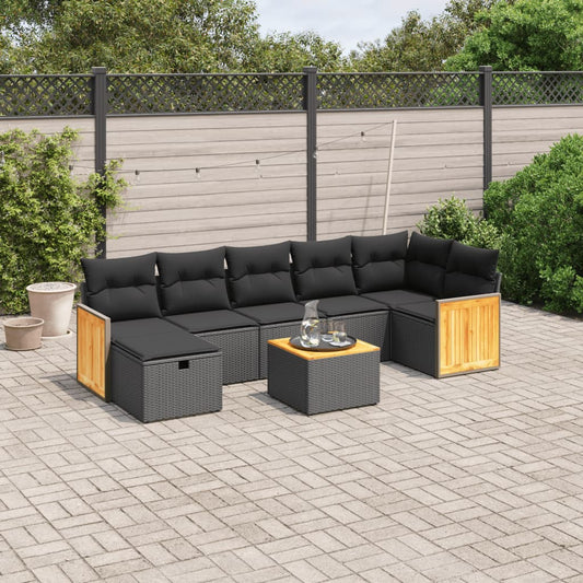 8-tlg. Garten-Sofagarnitur mit Kissen Schwarz Poly Rattan