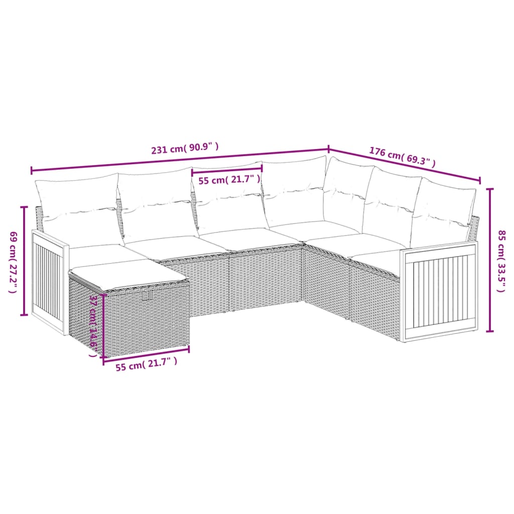 7-tlg. Garten-Sofagarnitur mit Kissen Schwarz Poly Rattan