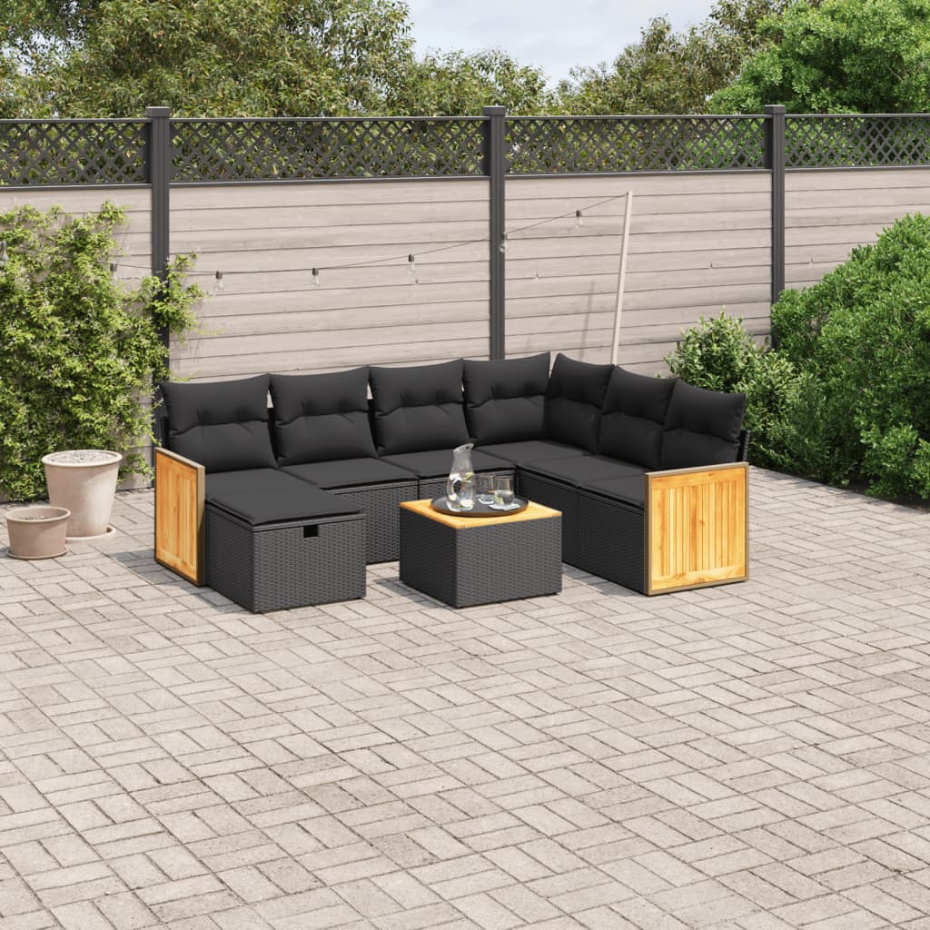 8-tlg. Garten-Sofagarnitur mit Kissen Schwarz Poly Rattan