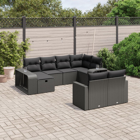 10-tlg. Garten-Sofagarnitur mit Kissen Schwarz Poly Rattan