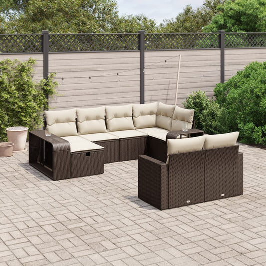 10-tlg. Garten-Sofagarnitur mit Kissen Braun Poly Rattan