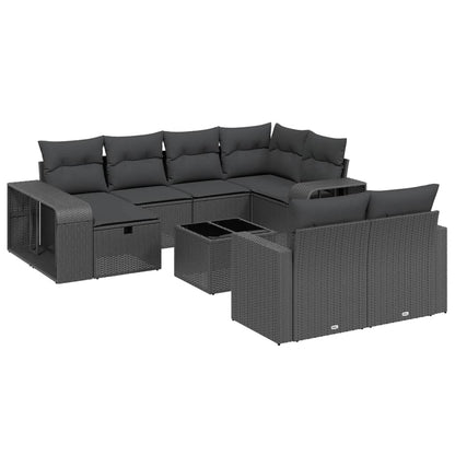 11-tlg. Garten-Sofagarnitur mit Kissen Schwarz Poly Rattan