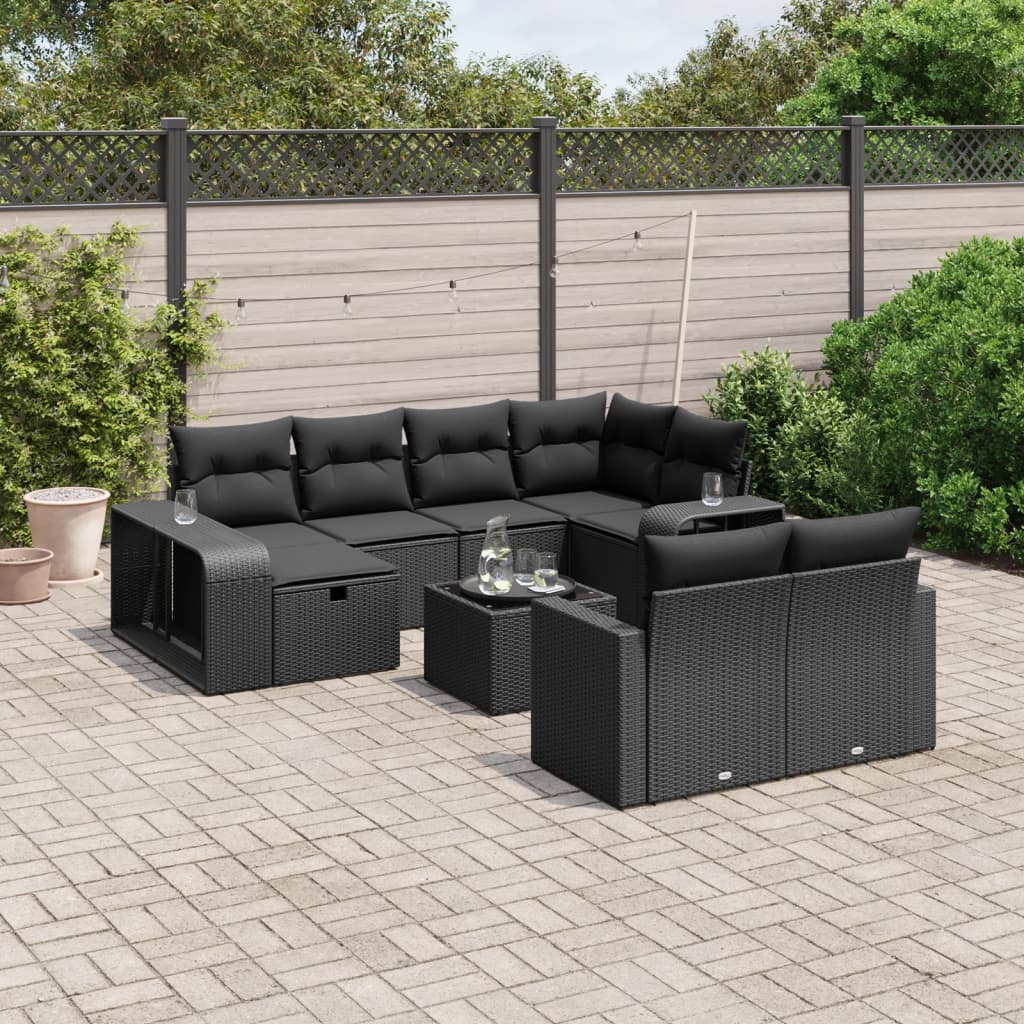 11-tlg. Garten-Sofagarnitur mit Kissen Schwarz Poly Rattan