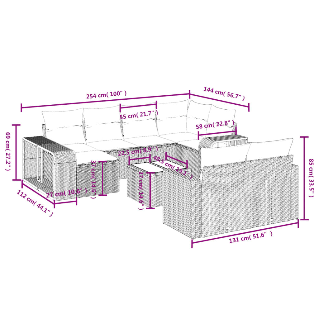 11-tlg. Garten-Sofagarnitur mit Kissen Schwarz Poly Rattan