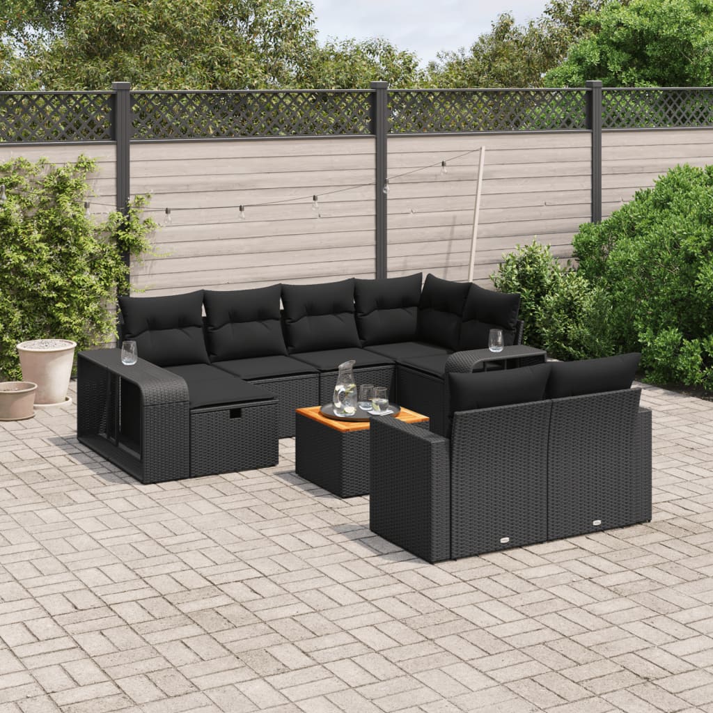 11-tlg. Garten-Sofagarnitur mit Kissen Schwarz Poly Rattan