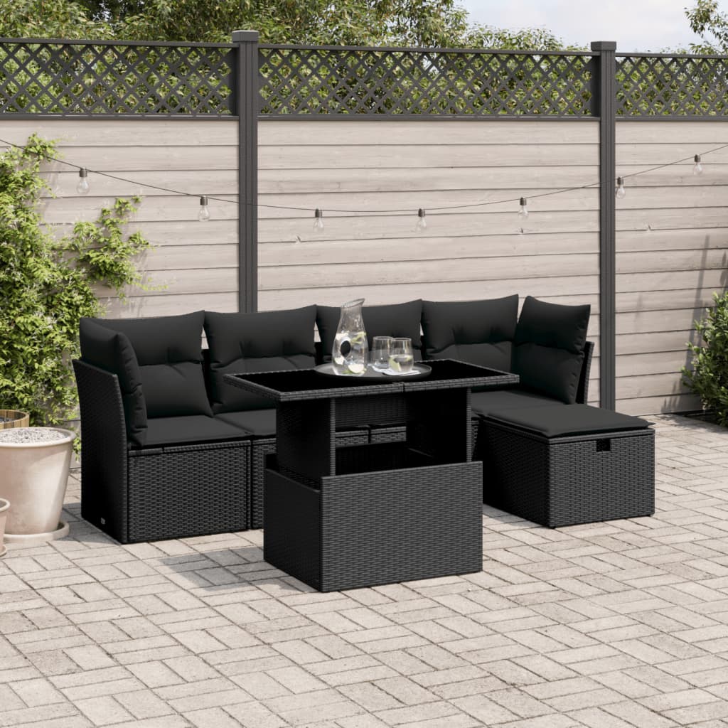 6-tlg. Garten-Sofagarnitur mit Kissen Schwarz Poly Rattan