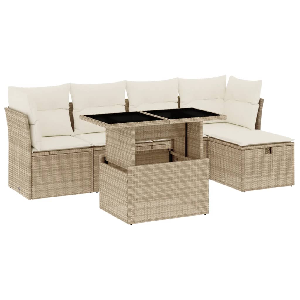 6-tlg. Garten-Sofagarnitur mit Kissen Beige Poly Rattan