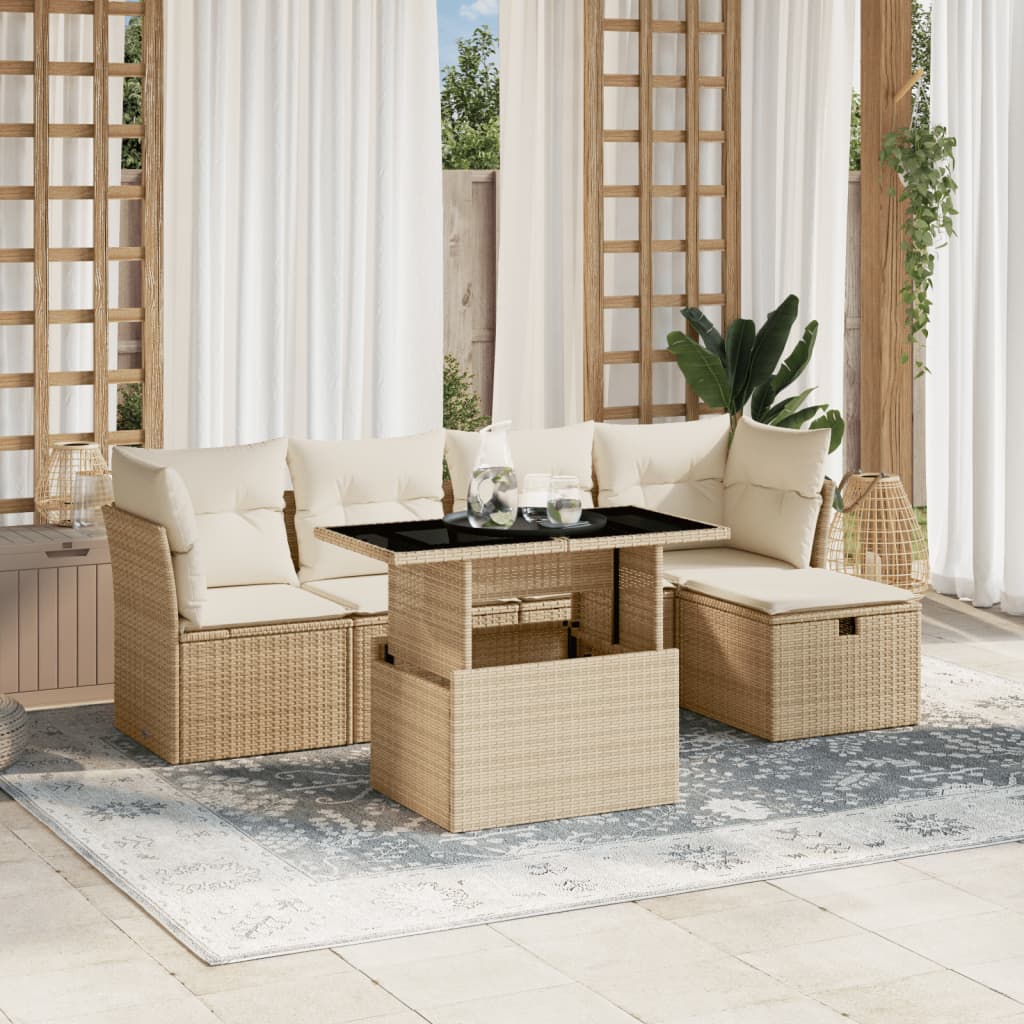 6-tlg. Garten-Sofagarnitur mit Kissen Beige Poly Rattan