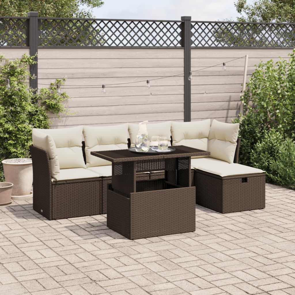 6-tlg. Garten-Sofagarnitur mit Kissen Braun Poly Rattan