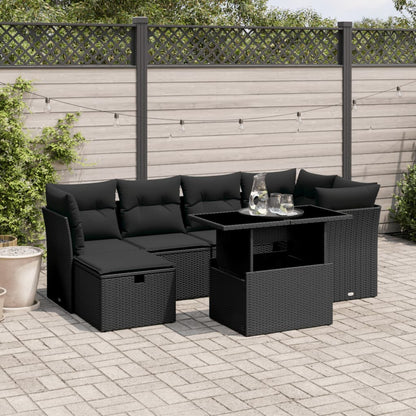 7-tlg. Garten-Sofagarnitur mit Kissen Schwarz Poly Rattan