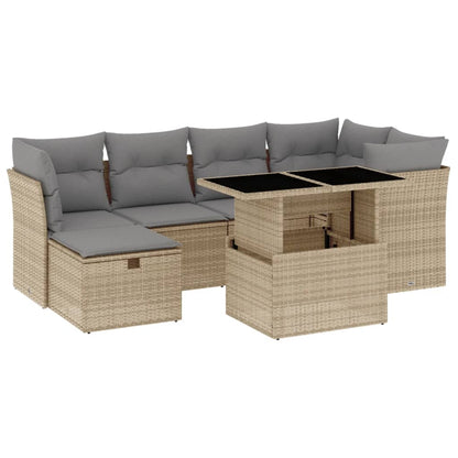 7-tlg. Garten-Sofagarnitur mit Kissen Beige Poly Rattan