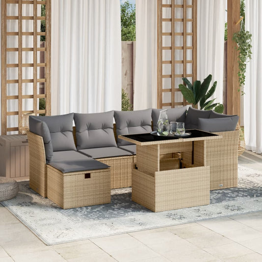 7-tlg. Garten-Sofagarnitur mit Kissen Beige Poly Rattan