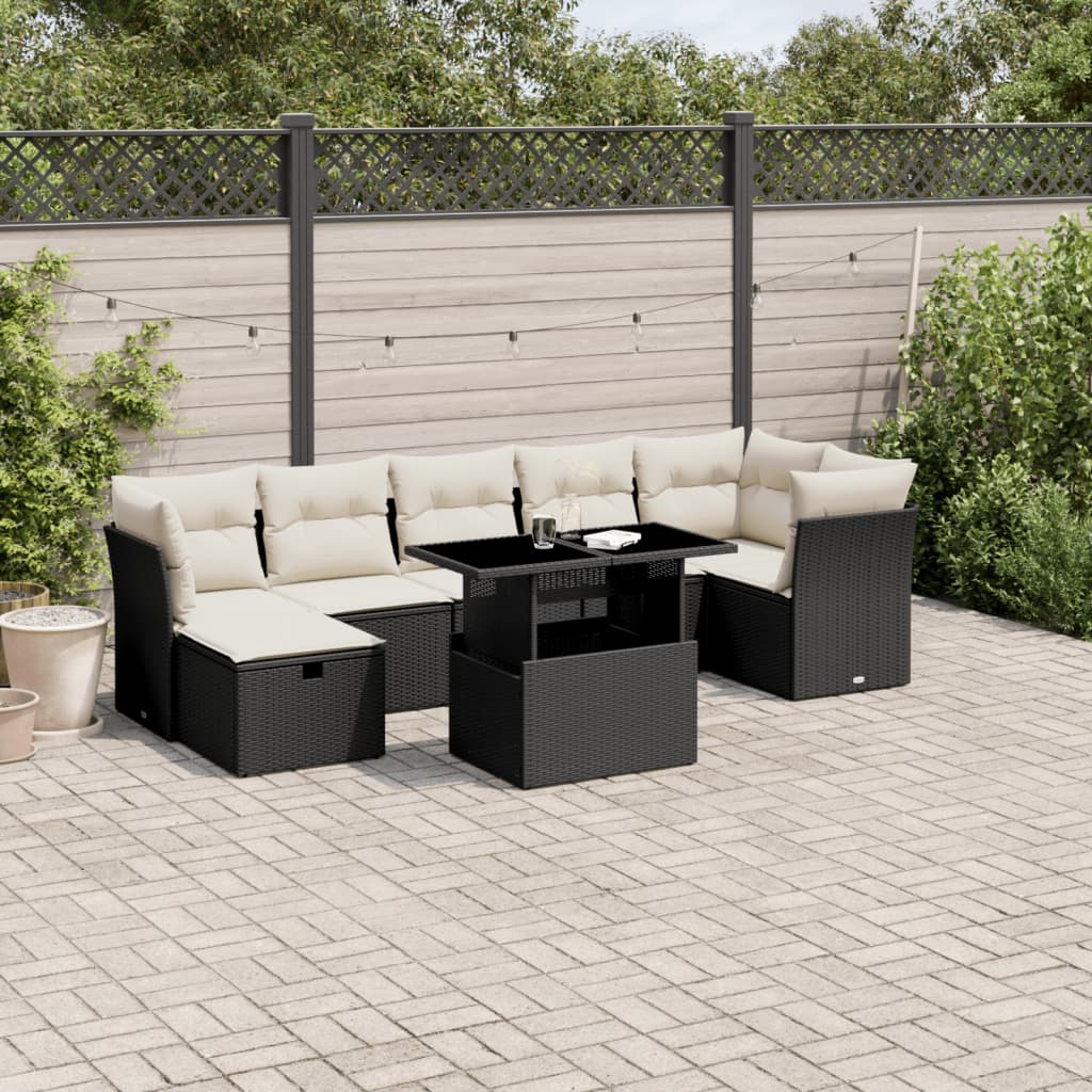 8-tlg. Garten-Sofagarnitur mit Kissen Schwarz Poly Rattan