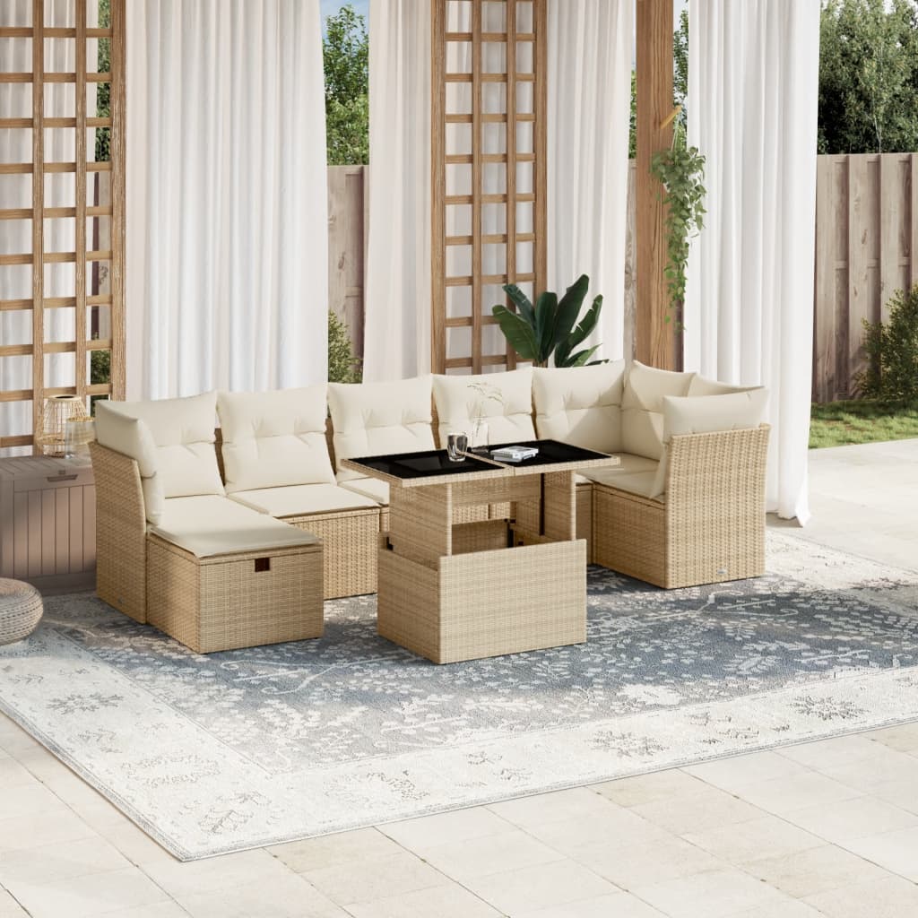 8-tlg. Garten-Sofagarnitur mit Kissen Beige Poly Rattan