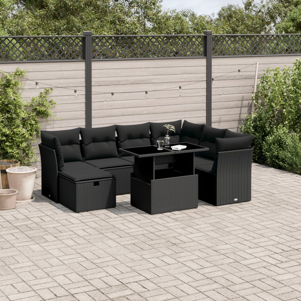 8-tlg. Garten-Sofagarnitur mit Kissen Schwarz Poly Rattan