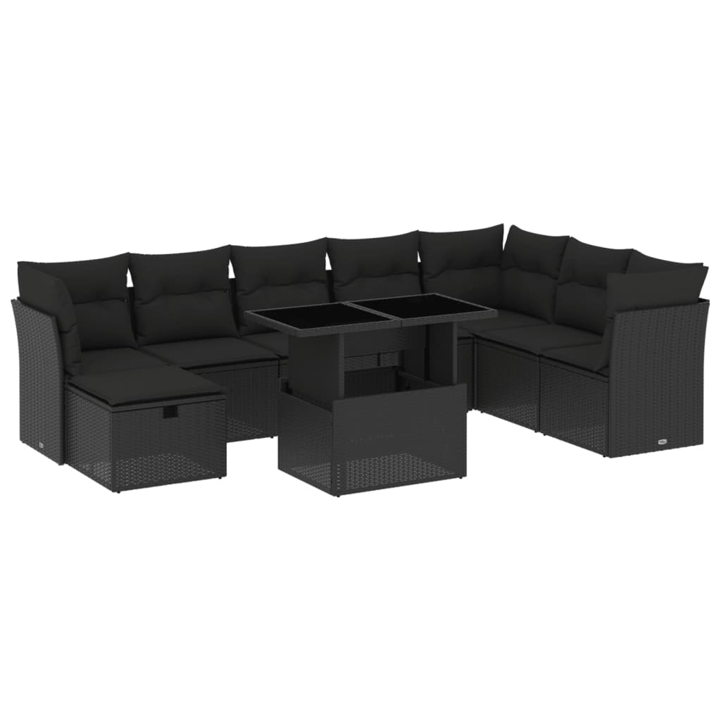 9-tlg. Garten-Sofagarnitur mit Kissen Schwarz Poly Rattan