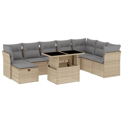 9-tlg. Garten-Sofagarnitur mit Kissen Beige Poly Rattan