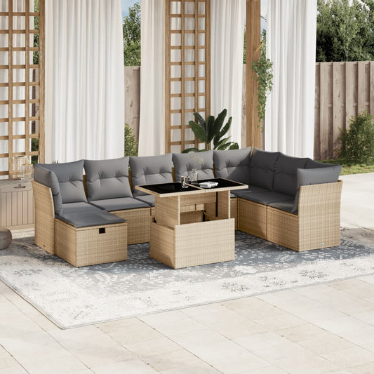 9-tlg. Garten-Sofagarnitur mit Kissen Beige Poly Rattan