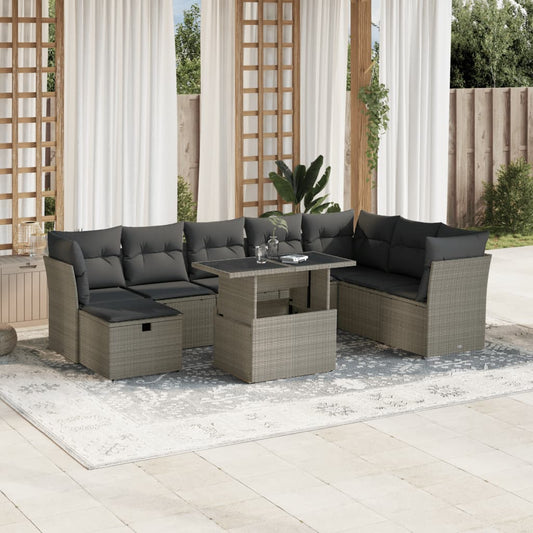 9-tlg. Garten-Sofagarnitur mit Kissen Hellgrau Poly Rattan