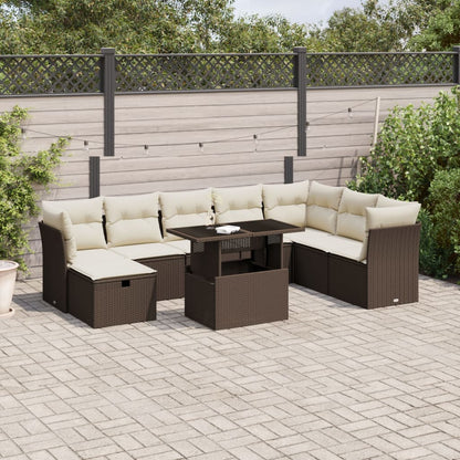 9-tlg. Garten-Sofagarnitur mit Kissen Braun Poly Rattan