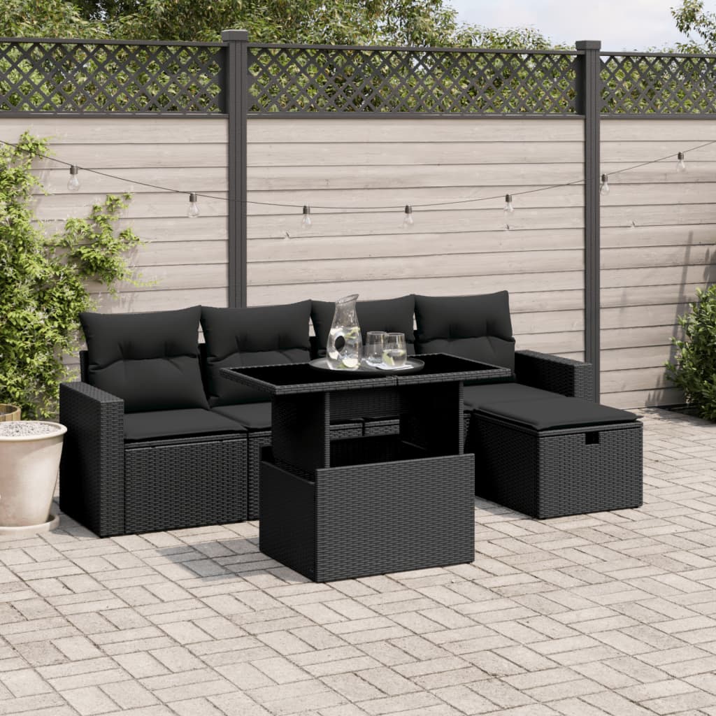 6-tlg. Garten-Sofagarnitur mit Kissen Schwarz Poly Rattan