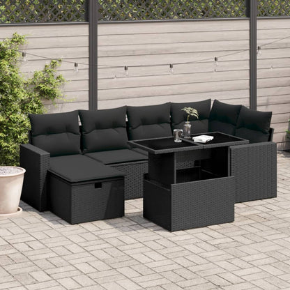 7-tlg. Garten-Sofagarnitur mit Kissen Schwarz Poly Rattan