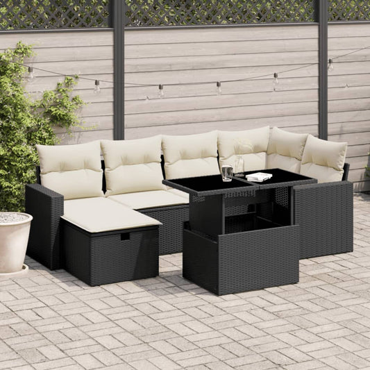 7-tlg. Garten-Sofagarnitur mit Kissen Schwarz Poly Rattan