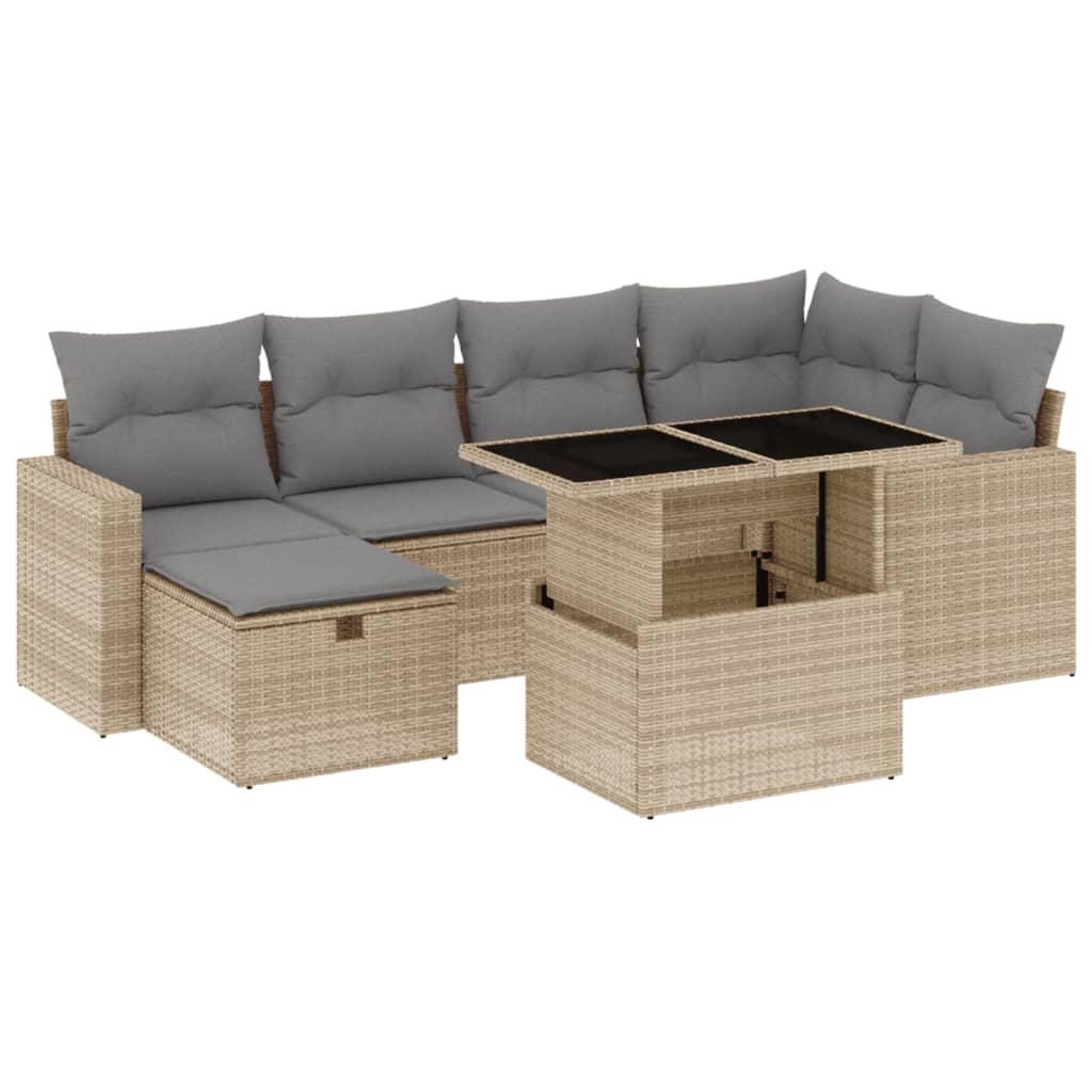 7-tlg. Garten-Sofagarnitur mit Kissen Beige Poly Rattan