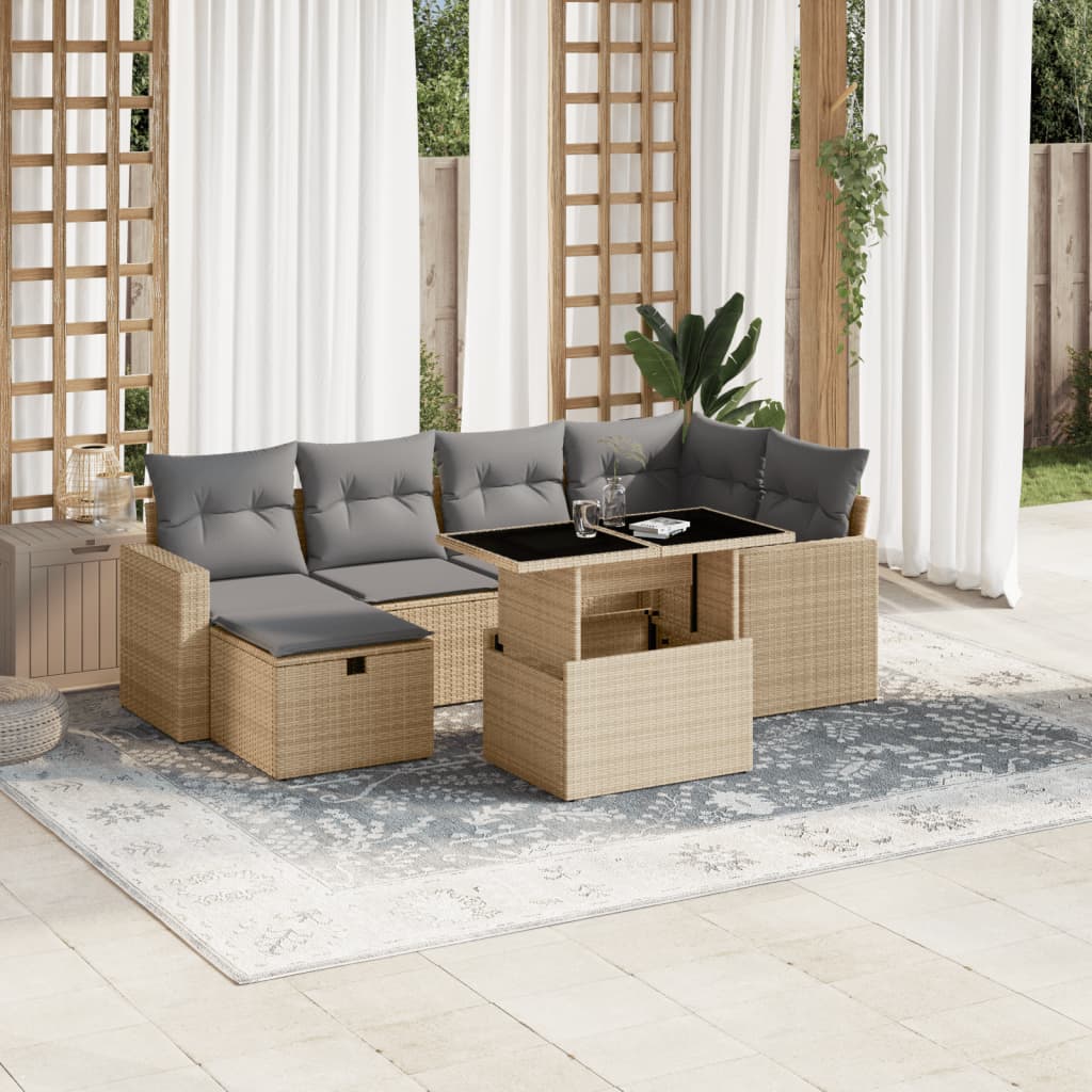 7-tlg. Garten-Sofagarnitur mit Kissen Beige Poly Rattan