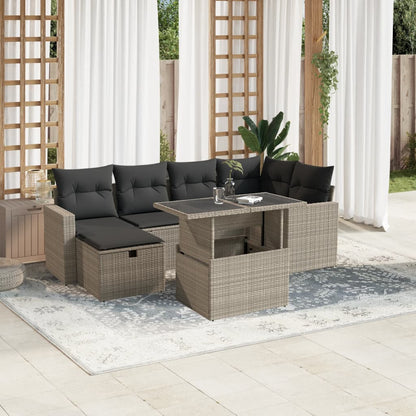 7-tlg. Garten-Sofagarnitur mit Kissen Hellgrau Poly Rattan