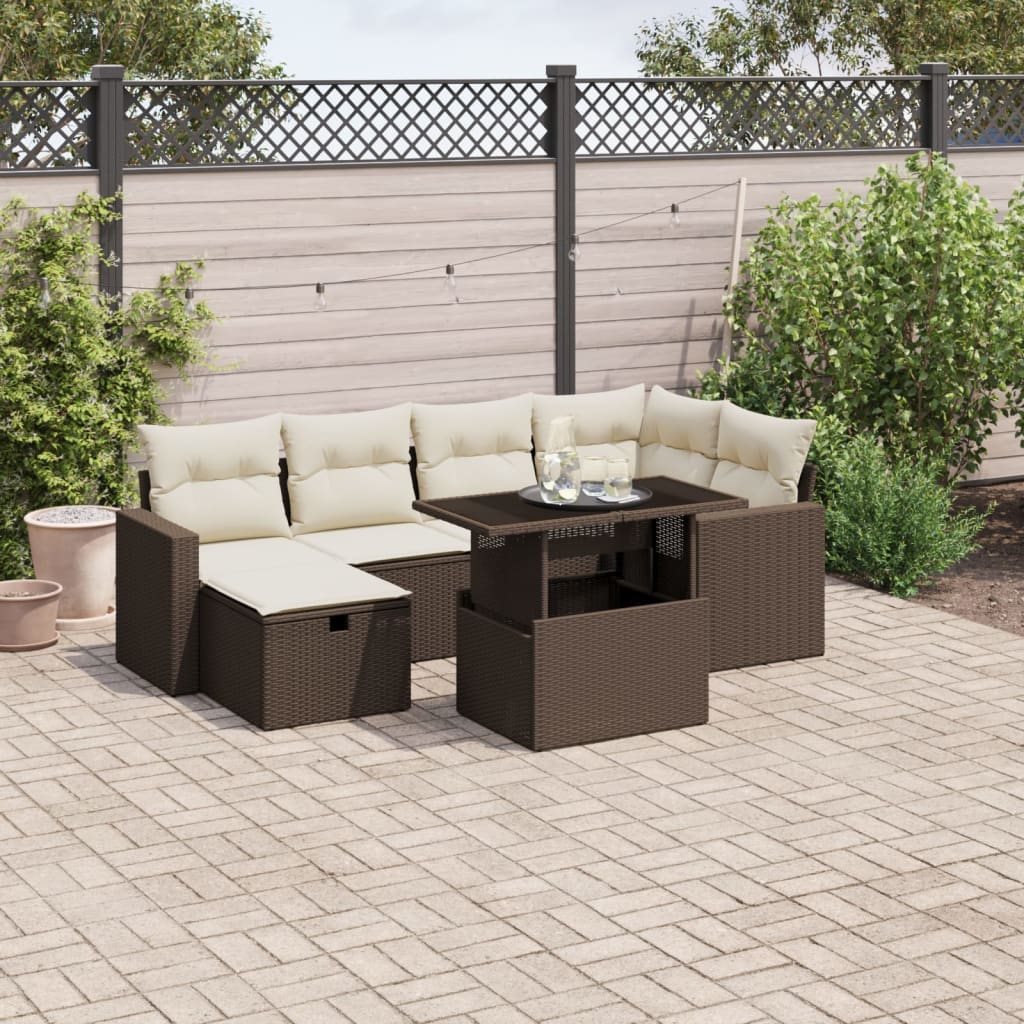 7-tlg. Garten-Sofagarnitur mit Kissen Braun Poly Rattan