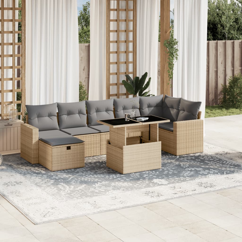 8-tlg. Garten-Sofagarnitur mit Kissen Beige Poly Rattan