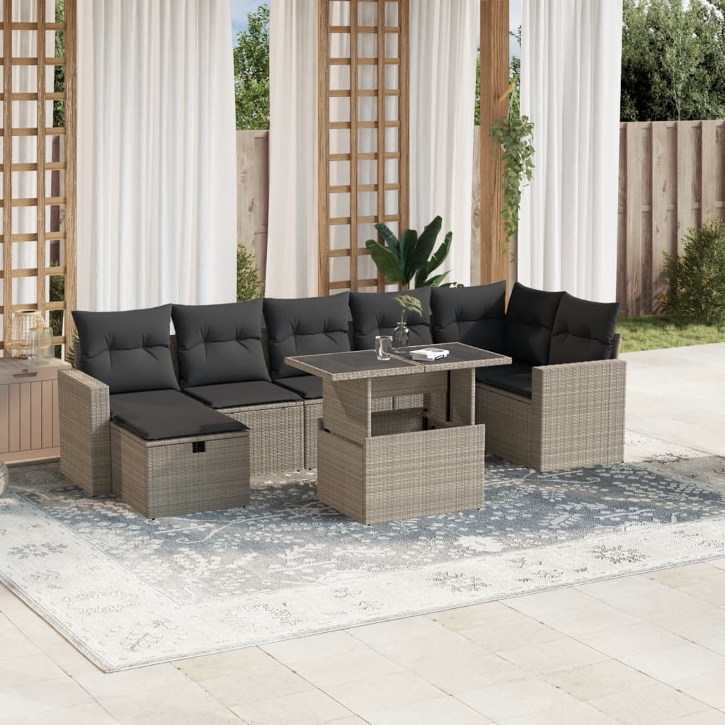 8-tlg. Garten-Sofagarnitur mit Kissen Hellgrau Poly Rattan