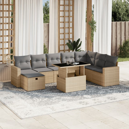 9-tlg. Garten-Sofagarnitur mit Kissen Beige Poly Rattan