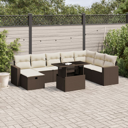 9-tlg. Garten-Sofagarnitur mit Kissen Braun Poly Rattan