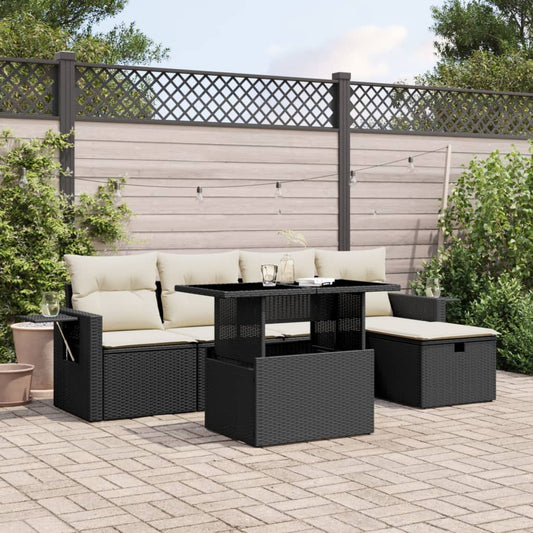 6-tlg. Garten-Sofagarnitur mit Kissen Schwarz Poly Rattan