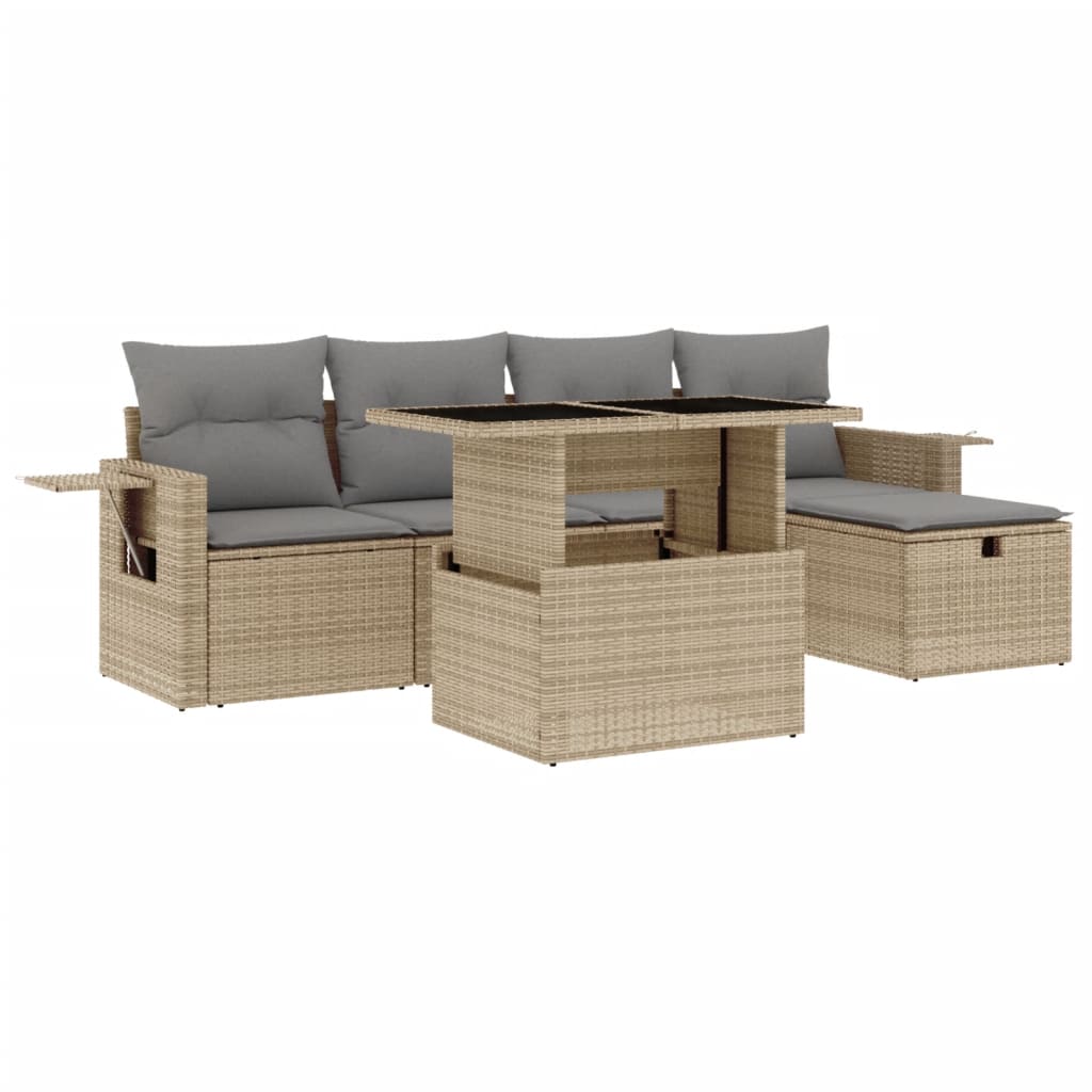 6-tlg. Garten-Sofagarnitur mit Kissen Beige Poly Rattan