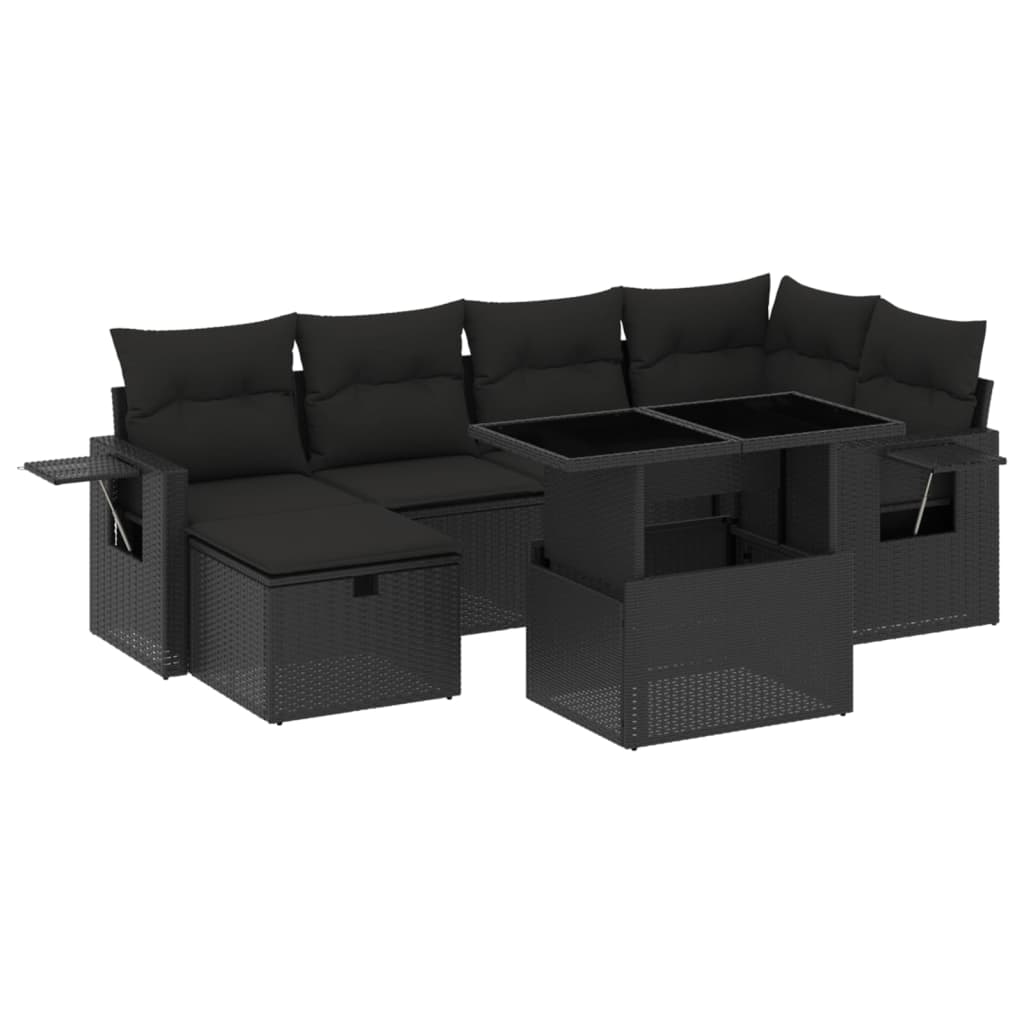 7-tlg. Garten-Sofagarnitur mit Kissen Schwarz Poly Rattan