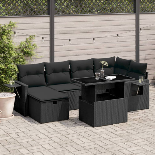 7-tlg. Garten-Sofagarnitur mit Kissen Schwarz Poly Rattan