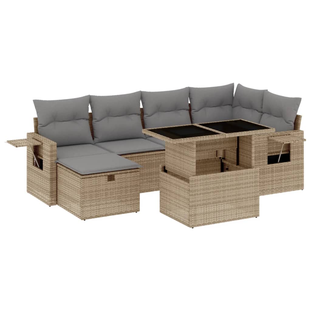 7-tlg. Garten-Sofagarnitur mit Kissen Beige Poly Rattan