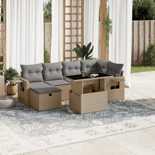 7-tlg. Garten-Sofagarnitur mit Kissen Beige Poly Rattan