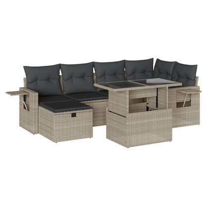 7-tlg. Garten-Sofagarnitur mit Kissen Hellgrau Poly Rattan