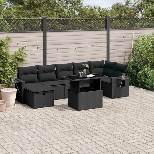 8-tlg. Garten-Sofagarnitur mit Kissen Schwarz Poly Rattan