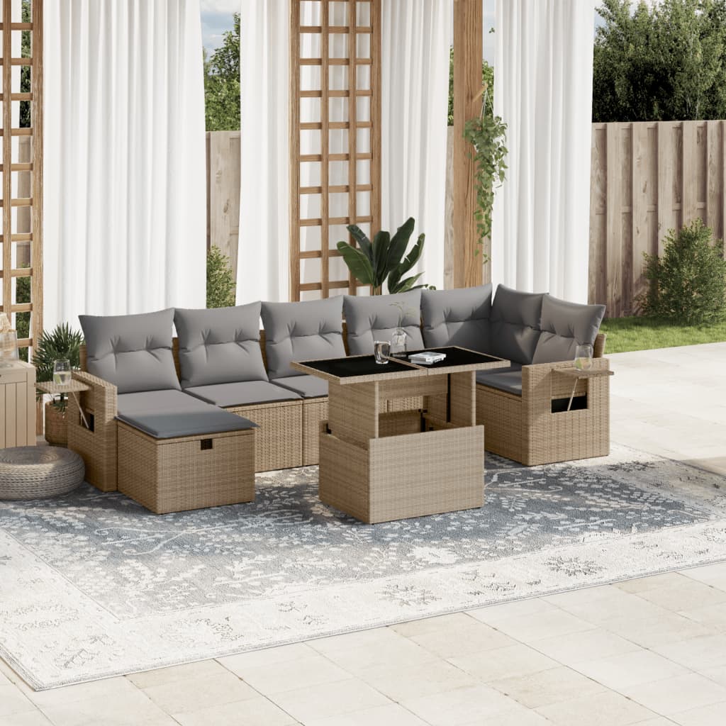 8-tlg. Garten-Sofagarnitur mit Kissen Beige Poly Rattan