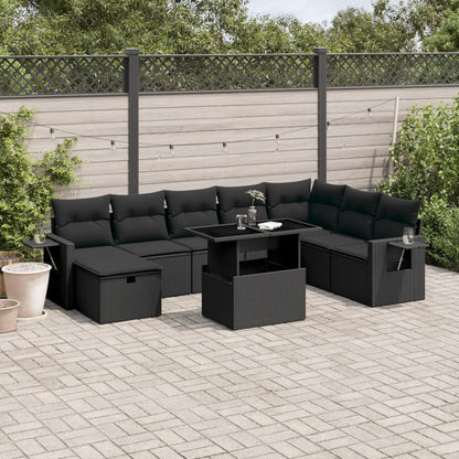 9-tlg. Garten-Sofagarnitur mit Kissen Schwarz Poly Rattan