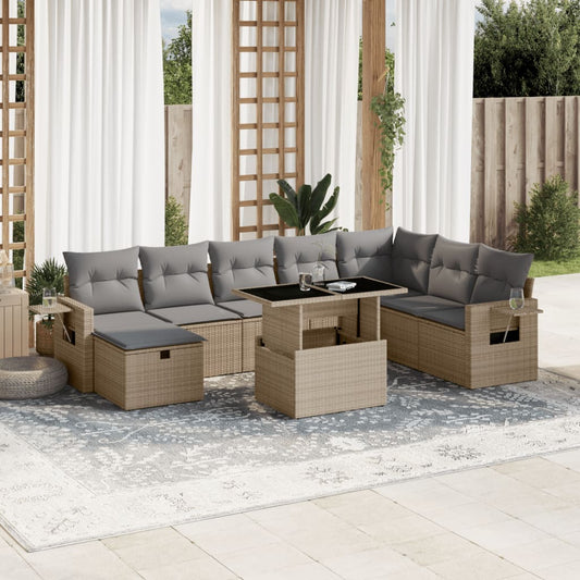 9-tlg. Garten-Sofagarnitur mit Kissen Beige Poly Rattan