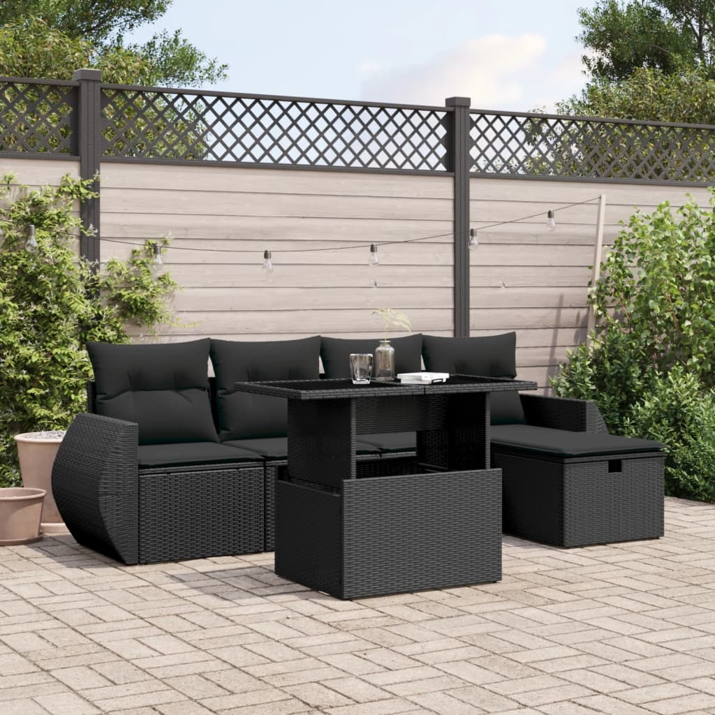 6-tlg. Garten-Sofagarnitur mit Kissen Schwarz Poly Rattan